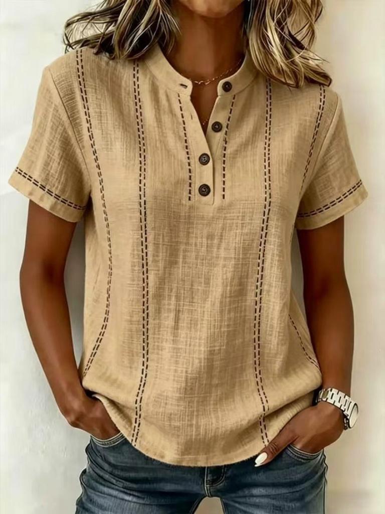 Camicia da Donna Estiva Casual Stampata a Bottoni con Scollo a Girocollo a Maniche Corte Ampia