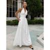 Women's Halter V Neck Sleeveless Maxi Dress Loose Fit Mid Waist Elegant Solid Color A-Line Sundress