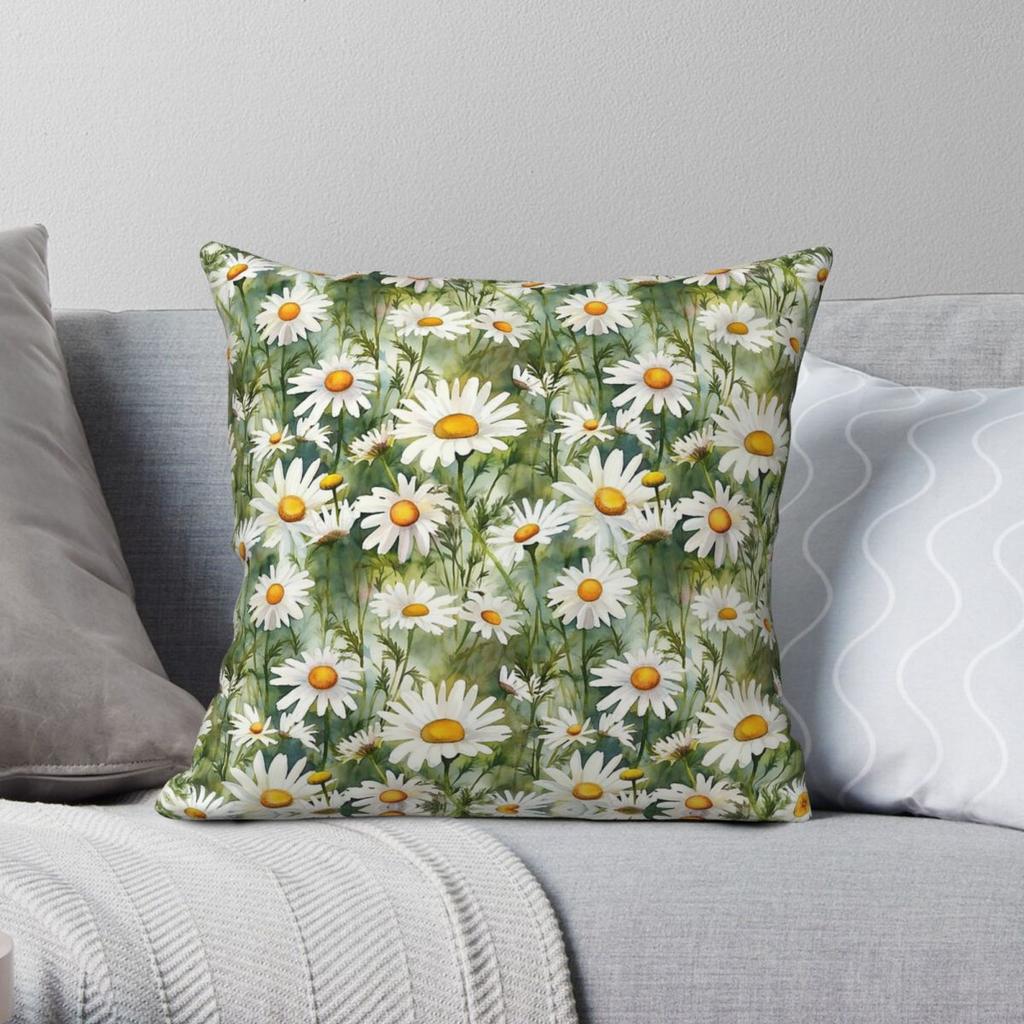 Oxeye Daisy Watercolor Floral Square Pillowcase Polyester Linen Velvet Printed Zip Decor Home Cushion Cover