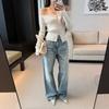 American retro washed blue jeans men's and women's cat whiskers cleanfit indentation loose casual floor mopping trousers