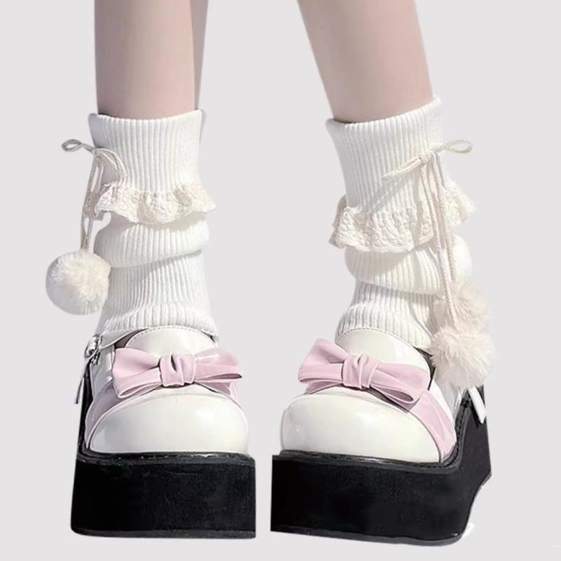 Dopamine Milk Blue Sock Covers Knitted Calf Sleeves Lace Trim JK Stacked Socks with Pom Poms Lolita Socks for Women