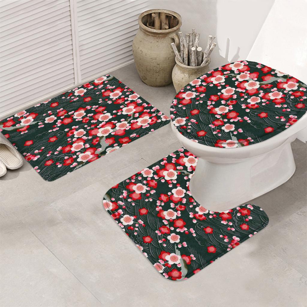 4pcs Plum Blossom Shower Curtain Set, Washable Polyester Bathroom Decor, Non-Slip Bath Mat, Toilet Lid Cover & U-Shaped Rug