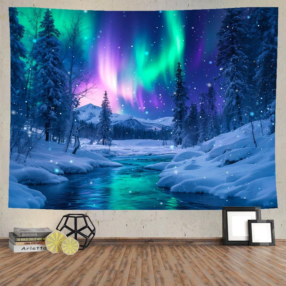 Noorderlicht Bos Wandkleed Aurora Borealis Mistige Dennenbomen Trippy Wandkleed Esthetische Wanddecoratie Meditatie Decor Voor Slaapkamer 200x180CM