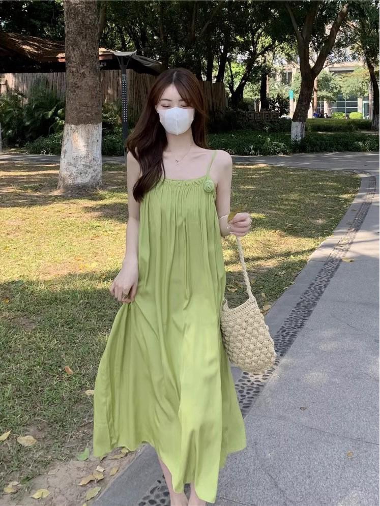 Women s Summer Green Spaghetti Strap Beach Dress - Slimming Fairy Long Skirt S