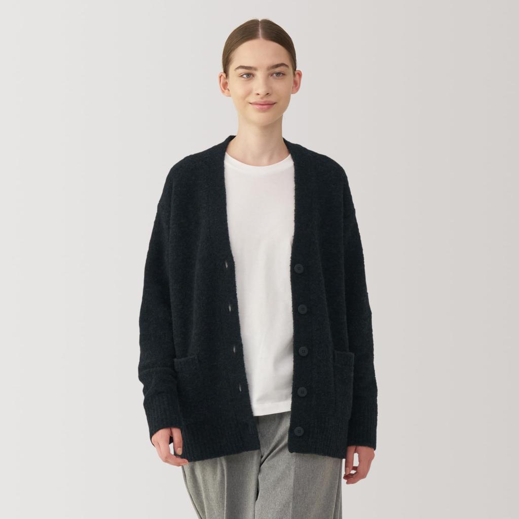 MUJI Women's Wool Blend Boucle V-Neck Cardigan, Dark Gray, Size BA1PNA4A, Women's Size S
