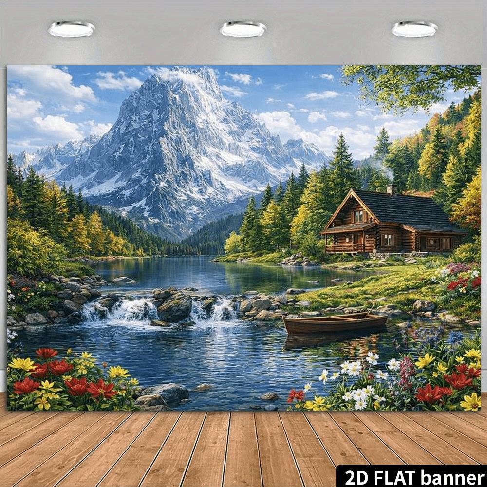 Snow Mountain Lake Wooden House Landscape Background Cloth Majestic Snow Mountain with Blue Sky and White Clouds 100x150cm