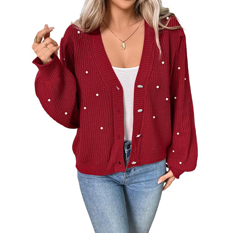 2026 Spring Valentine's Beaded V-neck Cardigan Sweater - Women's Fashion European & American Style