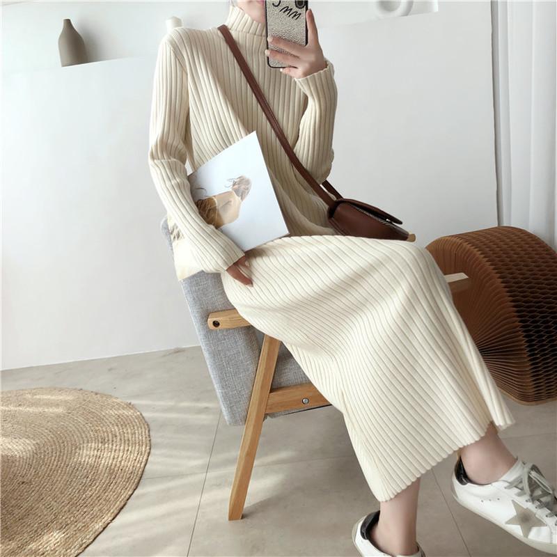 Cheap Korean Style Autumn Winter Women Long Warm Dress Turtleneck Stretchy Knitting Black Beige