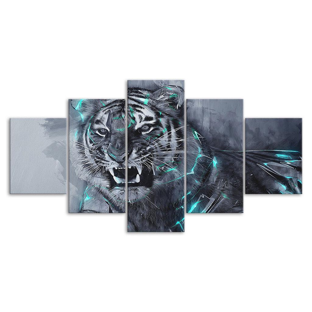 Brüllender Weißer Tiger Tierische Abstrakte Szene 5-teilig Fünf-Panel Wandleinwand Druck Modernes Kunstposter Bild Heimdeko Geschenk Für Ihn Für Sie