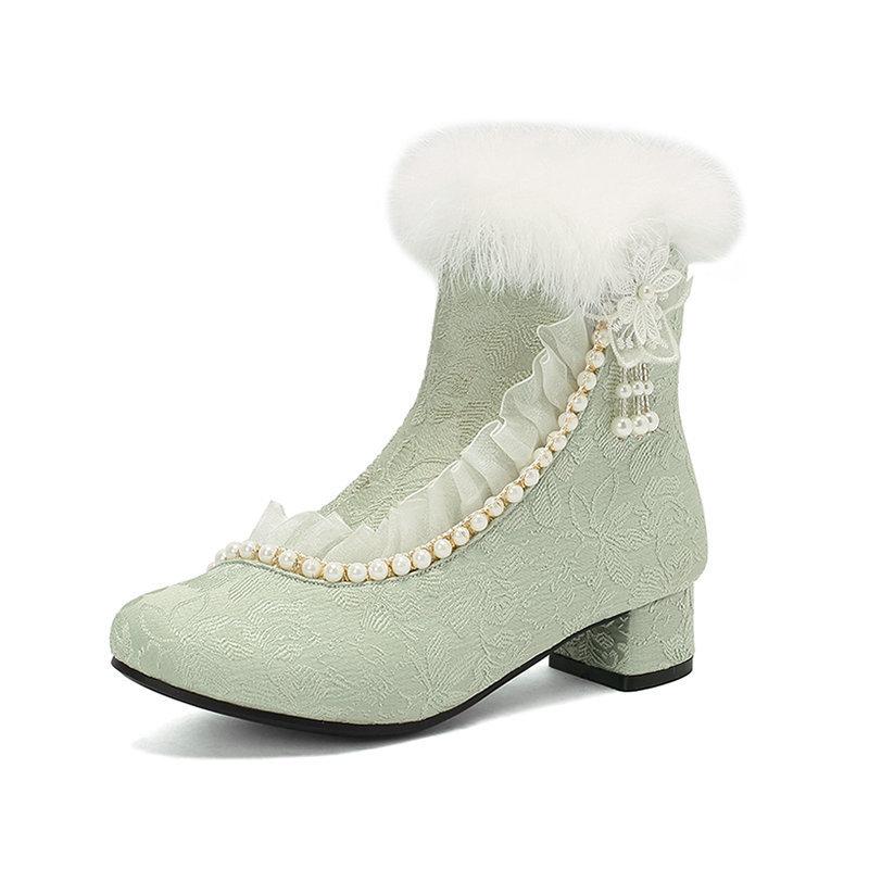 

Новые короткие сапоги национальный стиль толстый каблук средний каблук бисерные студентка Лолита женские короткие сапоги шип 39 зелёный