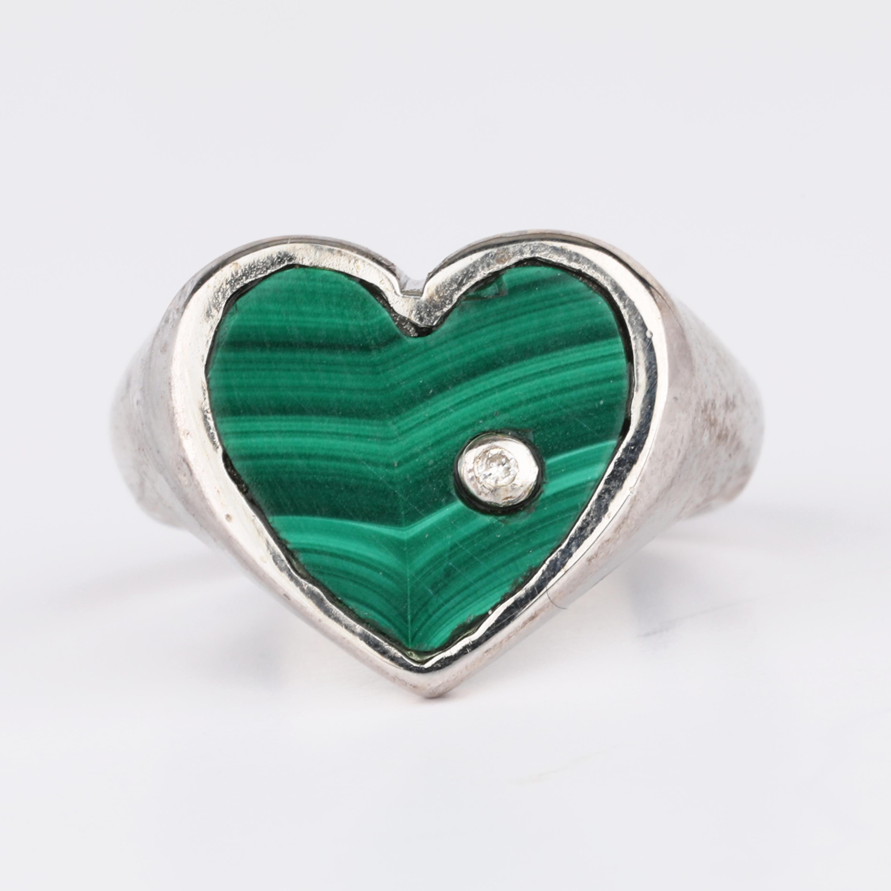 

925 Sterling Silver Malachite Heart Ring Diamond Accent Rhodium Plated Green Stone Women Jewelry Size 3 Gift 3 малахітова зелень