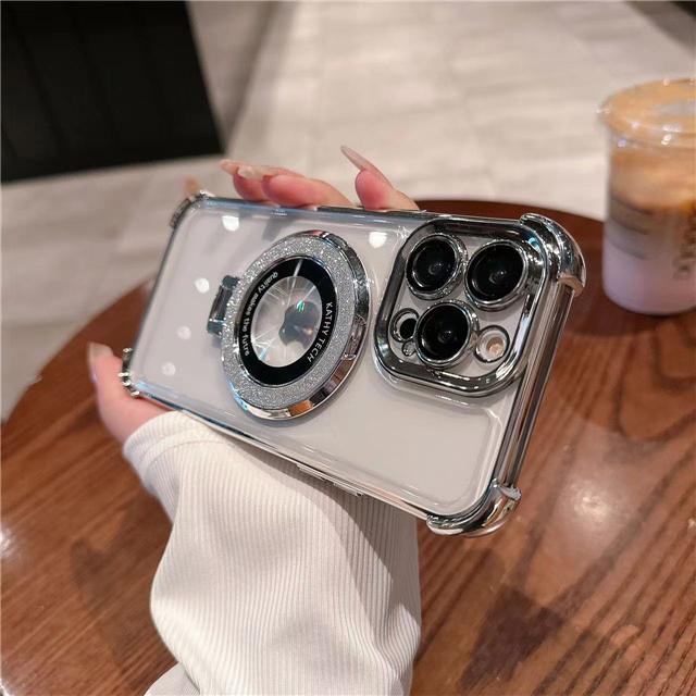 For iPhone 16E 16 Pro Max Luxury Flash Holder Stand Plating Frame Phone Case For iPhone 11 12 13 14 15Plus Lens Protective Cover