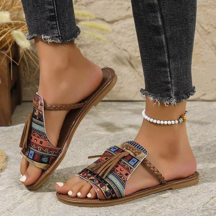 Fashion Low Beach Shoes Woman's Slippers Fringe Big Size Slides Sabot 2025 Flat Summer Fabric Rubber Hoof Heels PU Shoes Big Size Low Fr