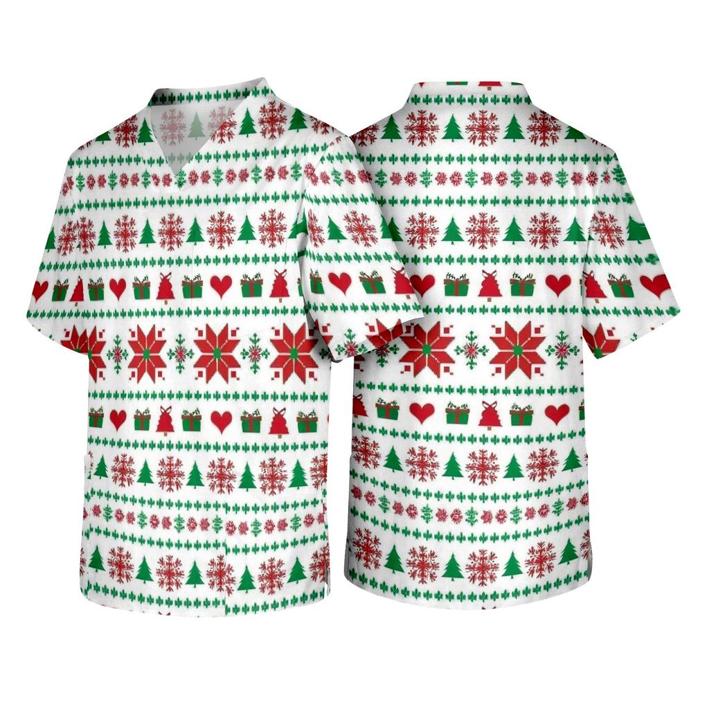 Men's Christmas Theme Caregiver Uniform, Holiday Scrub Top for Nurses and Workers