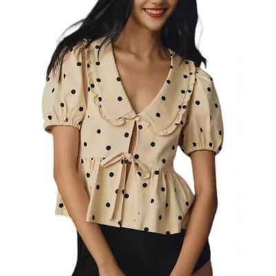 2026 Spring/Summer Polka Dot Plaid Solid Color Short Sleeve Lace-up Doll Collar Shirt