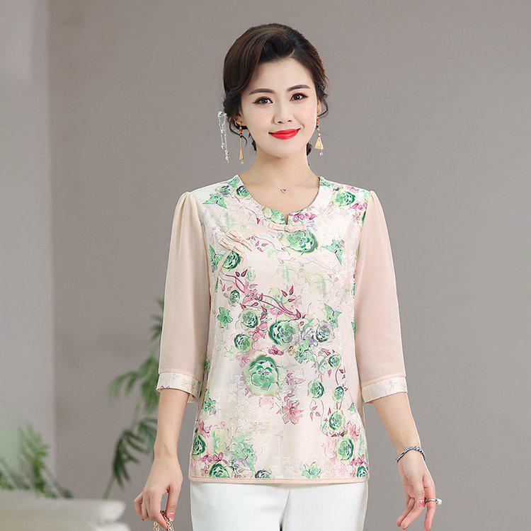 

Mom s Summer Chiffon Blouse - Women s Plus Size Chinese Style Mid-Sleeve Shirt for Middle-Aged & Elderly 3XL: 120-135 lbs