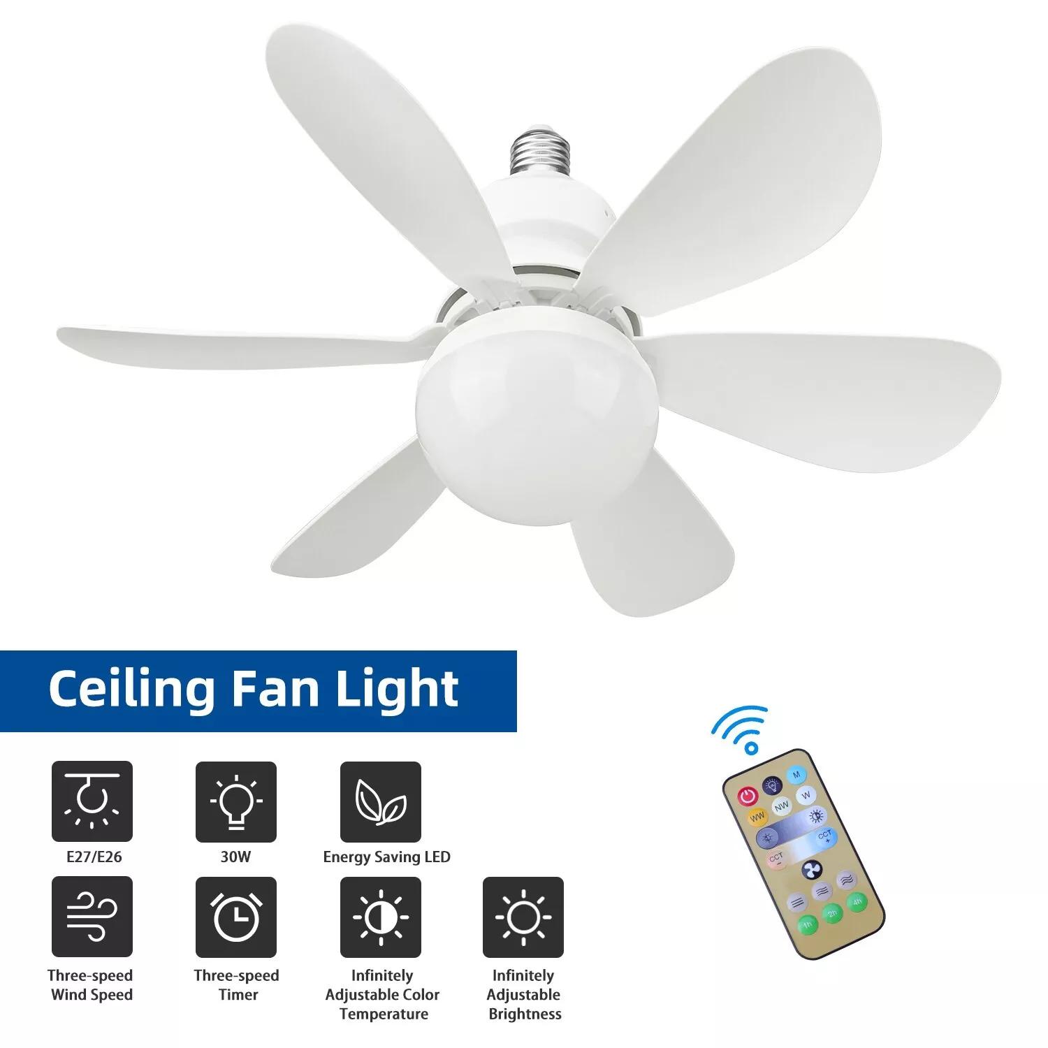 

Large Ceiling Fan Remote Control, Silent E27 Socket Fan 30W with Dimmable LED Light Remote Controller White білий