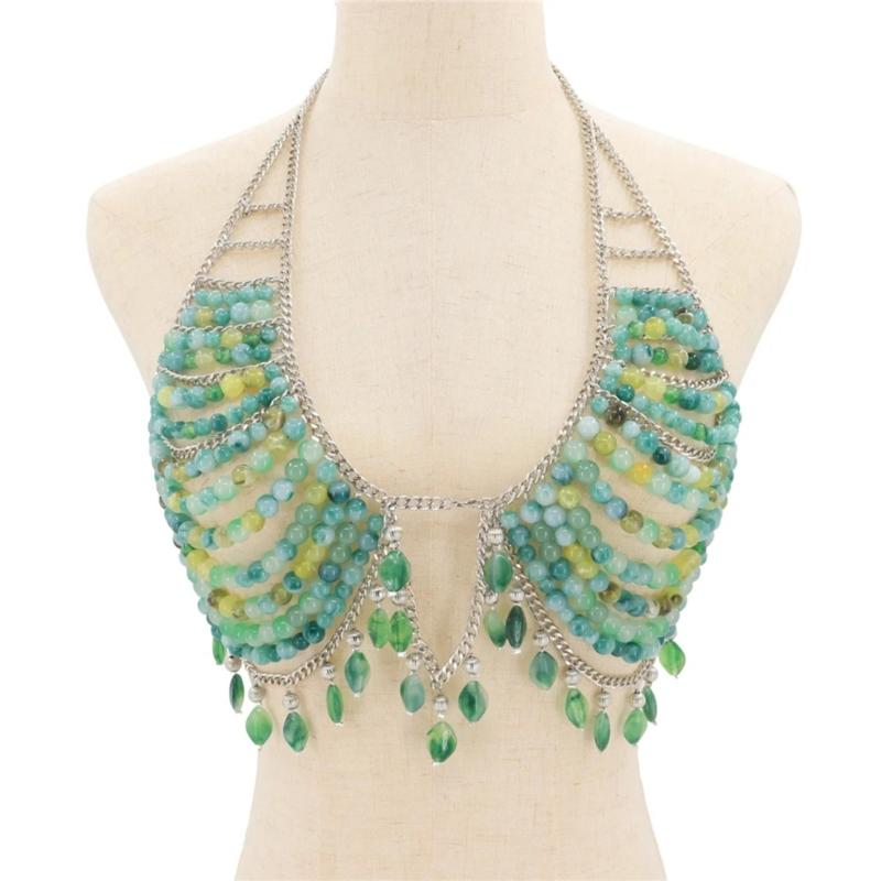 Stylish Green Pearls Bead Chest Chain with Acrylic Beads for Versatile Outfit Matching Suitable Any Social Event