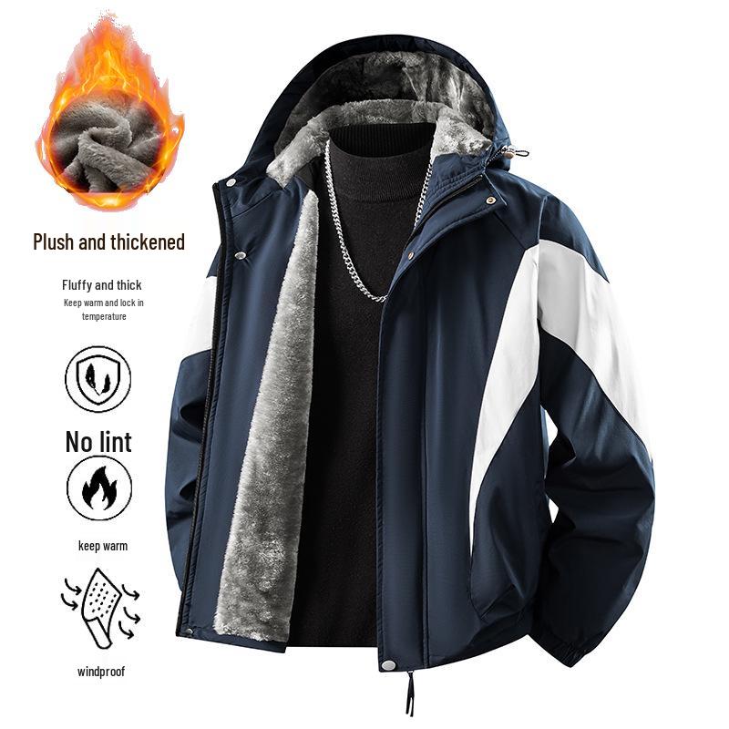 Unisex Plus Samt Verdickt Amerikanischer Stil Color-Block Kapuzen-Windbreaker, Große Größe, Lockere Passform, Outdoor Arbeitskleidung, Warmer Mantel