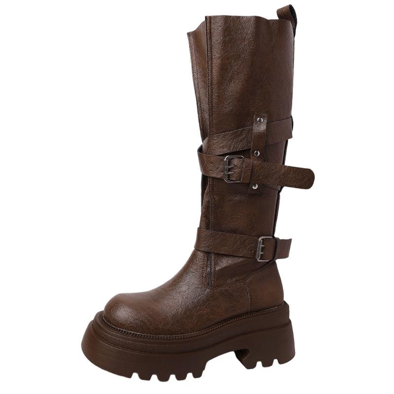 Fashion 2025 New Fashion Platform Woman Knight High Boots Fashion Belt Buckle Thick Sole Shoes Ladies Slip on Modern Long Botas
