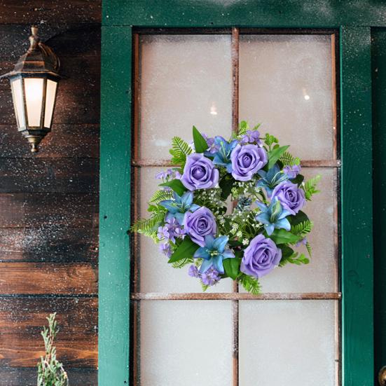 Artificial Floral Wreath for Front Door Realistic Large Rose Lily Flower Wreath with Leaves for Spring Valentine's Mother's Day Wedding Home Decor