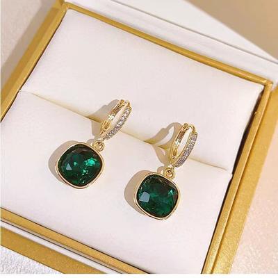 New Green Crystal Geometric Square Earrings for Women, Niche Temperament Earrings