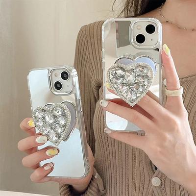 Full Diamond Love Airbag Holder for IPhone16plus Mirror Phone Case for Apple 17promax Makeup 15