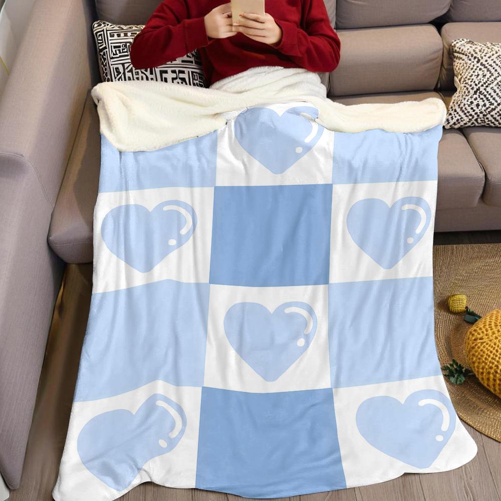 Blue Heart Checker Flannel Blanket Warm Soft Halloween Christmas Couch Warm Cozy Decorative Decor Gift for All Season
