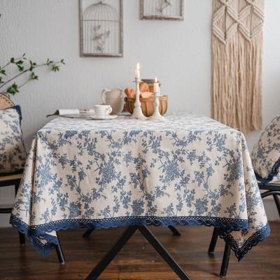 Tablecloth Blue Rose Print Pastoral Cotton and Linen Tablecloth Lace