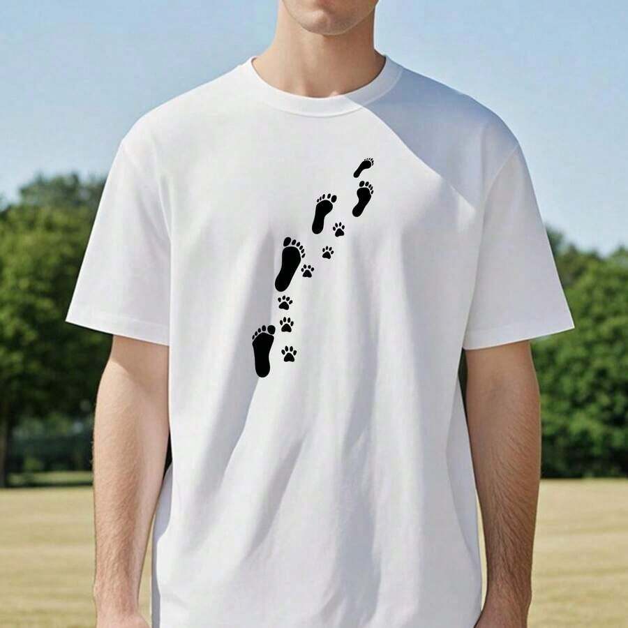 

Унисекс Футболка с круглым вырезом Белая Принт Следы Человека и Собаки Для Активного Отдыха S