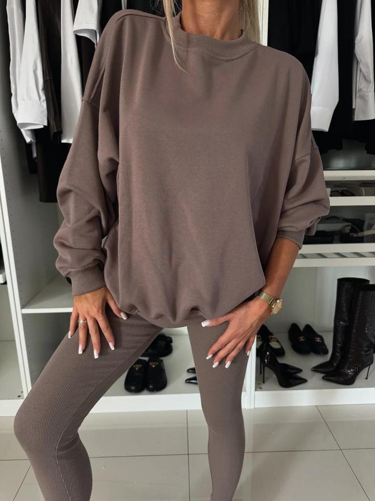 2024 Trending Women's Solid Color Round Neck Sweatshirt and Skinny Long Pants Two-Piece Set