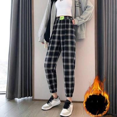 Herbst Winter Damen Elastische Hohe Taille Lässige Karierte Hose für Damen Stilvolle All-Match Fleece Taschen Harems Jogginghose