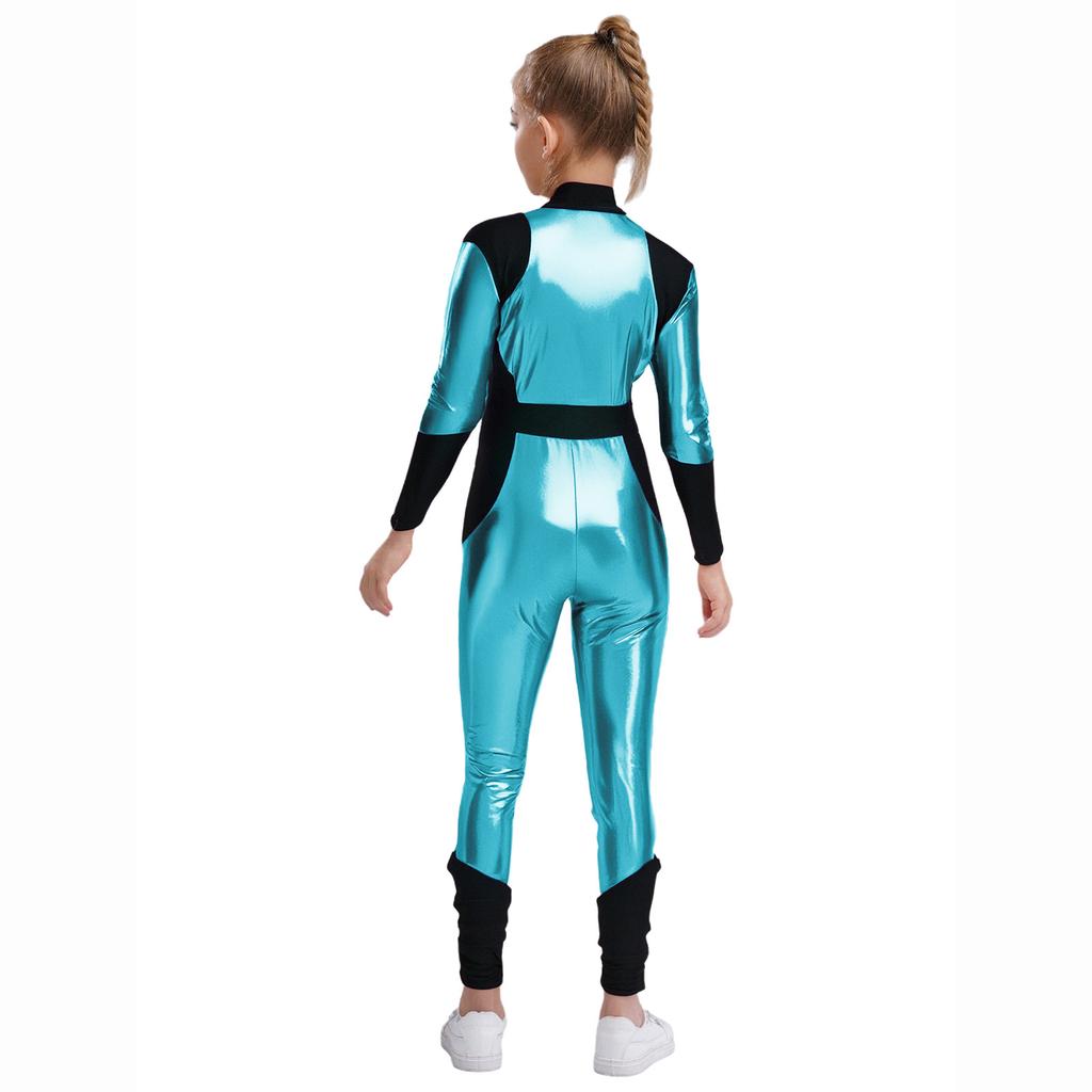 Kinder Halloween Außerirdischen Cosplay Overall: Langärmeliger Hochtaillierter Glänzender Metallischer Reißverschluss Sportlicher Body für Rollenspiele