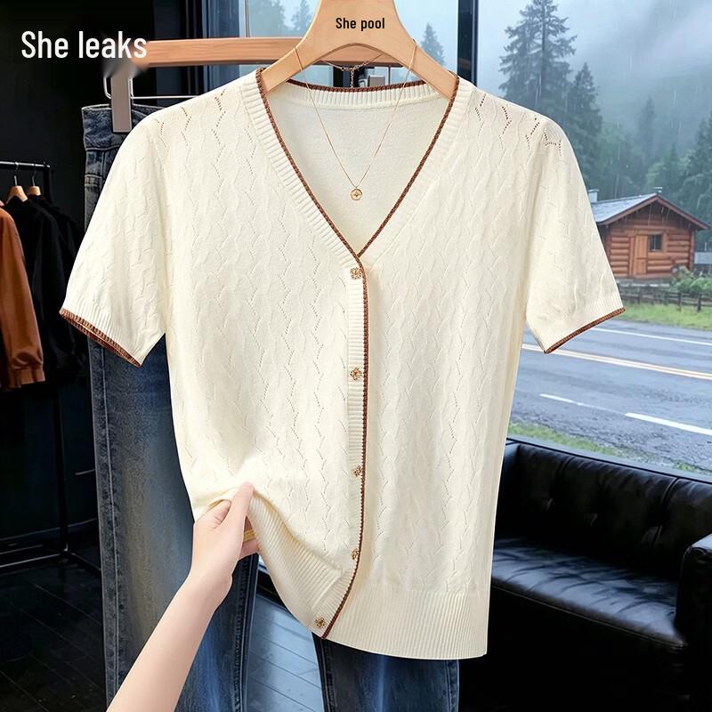 Women s V-Neck Ice Silk Short Sleeve Knit Top One Size
