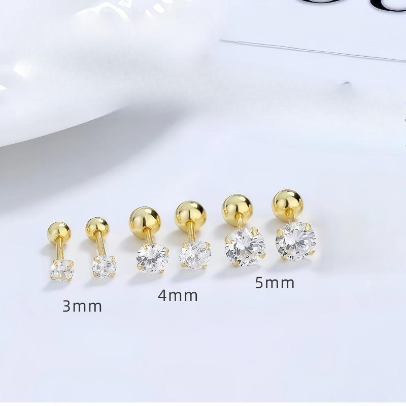Golden Four-claw Zircon Ear Studs - No Need To Remove The Ear Ring Screws When Sleeping; Simply Twist The Ear Canal Screws.