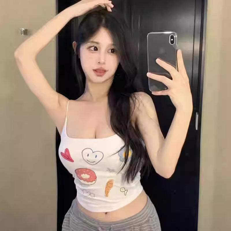 

2026 Spring/Summer Women s Cartoon Print Camisole Vest - 40s, 210g, 92% Cotton, 8% Spandex L