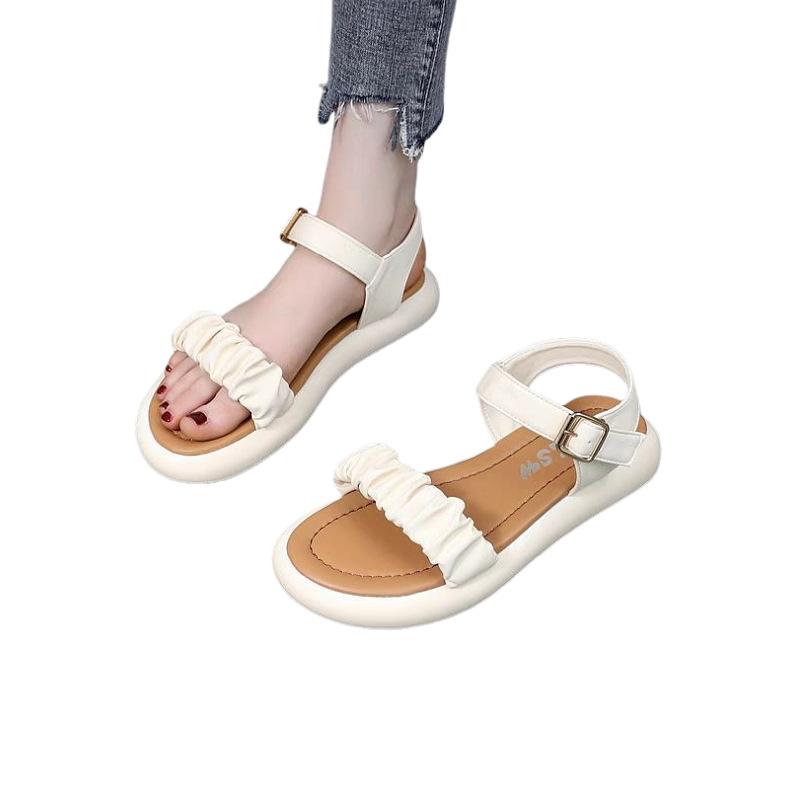 2025 new flat-soled sandals women's summer wear open-toe one-word buckle soft-soled versatile comfortable non-slip beach shoes