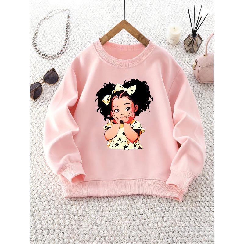 Girl's Round Neck Sweatshirt with Cartoon Girl Print, Long Sleeve Top for Weekend Outings and School Fashion