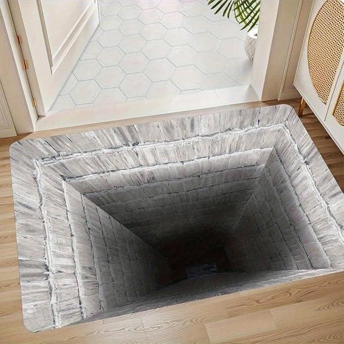 3D Optical Illusion Welcome Mat with Endless Pit Design Non-Slip Floor Mat for Unique Home Decor, Black Gray Carpet Gift
