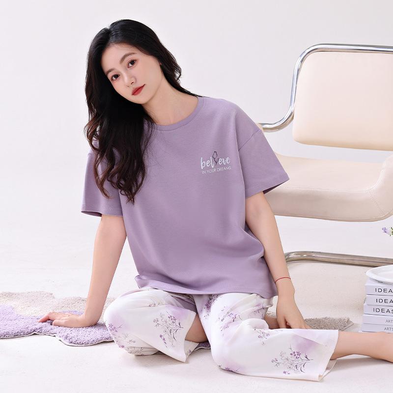 Pajamas women's summer pure cotton short-sleeved printed cropped pants thin cotton women's loungewear summer loose large size set