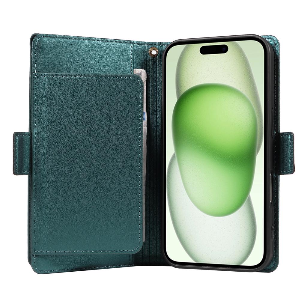 For iPhone 15 Plus Case with Multi-Card Holder and Strap PU Leather Phone Cover Stand