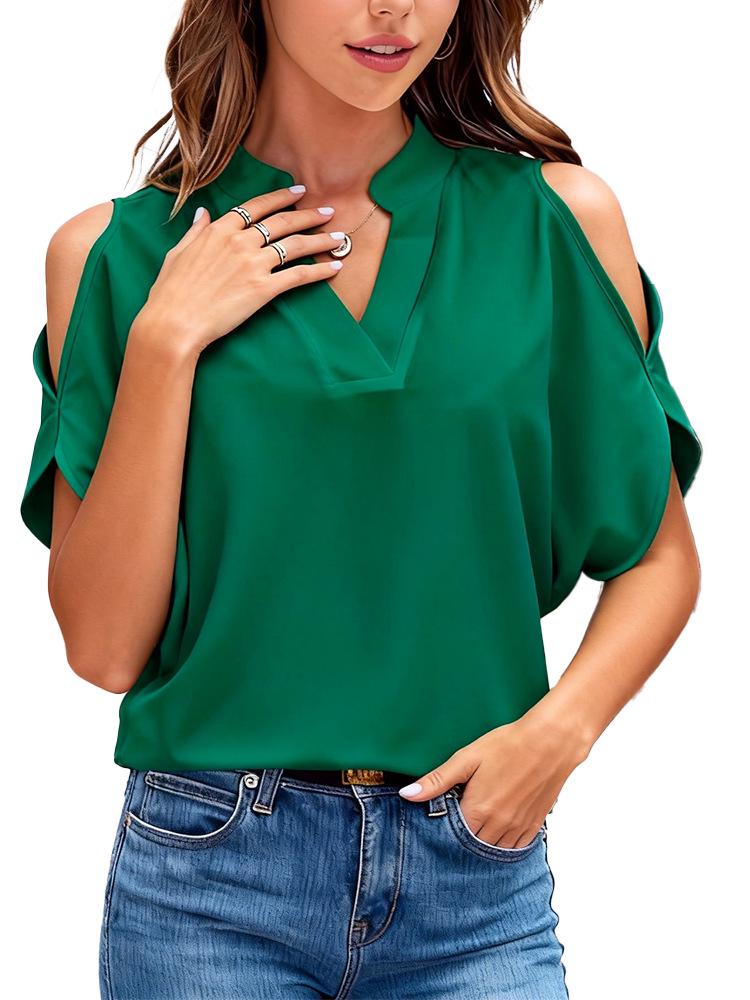2026 Women's Off-the-Shoulder High-End Solid Color Short Sleeve Loose Shirt Base Layer
