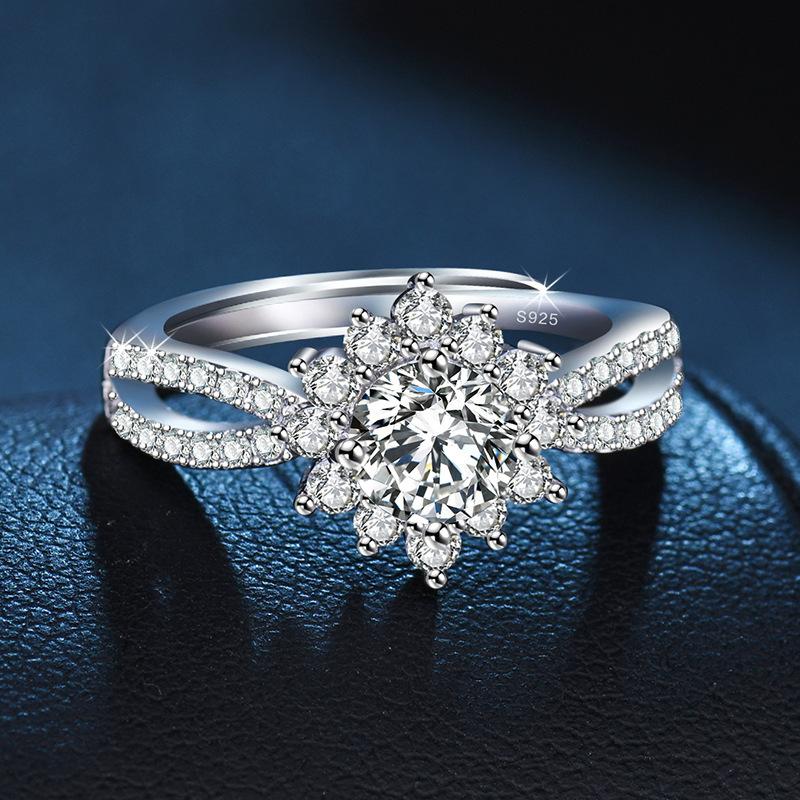 925 Sterling Silver Women's Diamond Ring Full Diamond Four-Prong Ring Style Engagement Gift Jewelry