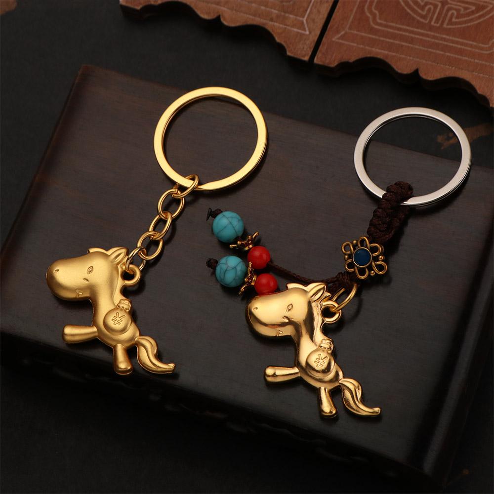 Feng Shui Chinese Zodiac Key Ring Wealth Weaving Key Chains Lucky Horse Bag Pendant Jewelry Gift