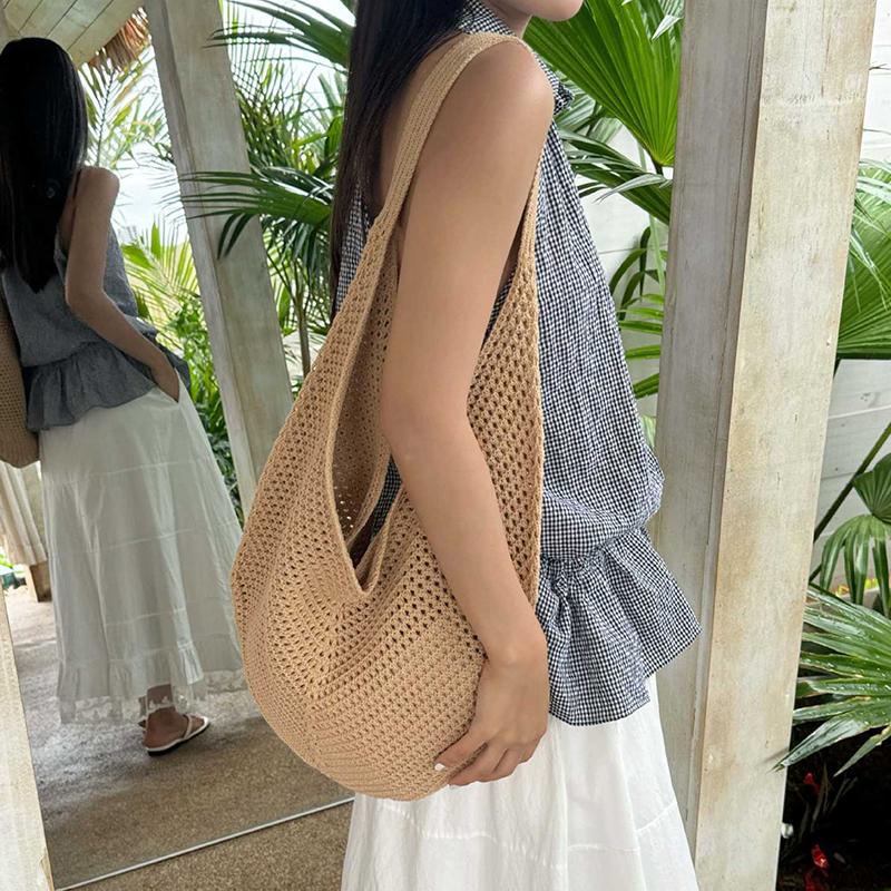 Fashion Women's Hollow Woven Shoulder Bags Large Capacity Knitting Underarm Bag Solid Crochet Tote Summer Mesh Beach Bag