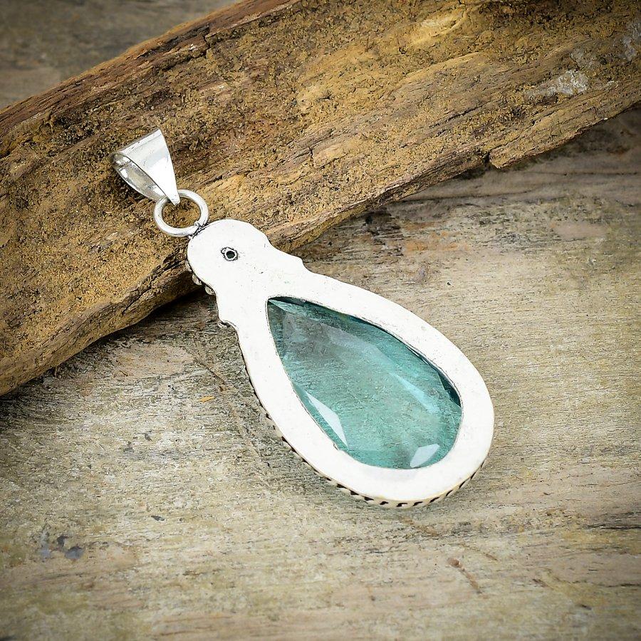 Aqua Apatite, Blue Topaz Gemstone 925 Sterling Silver Jewelry Pendant 2.44" M-185