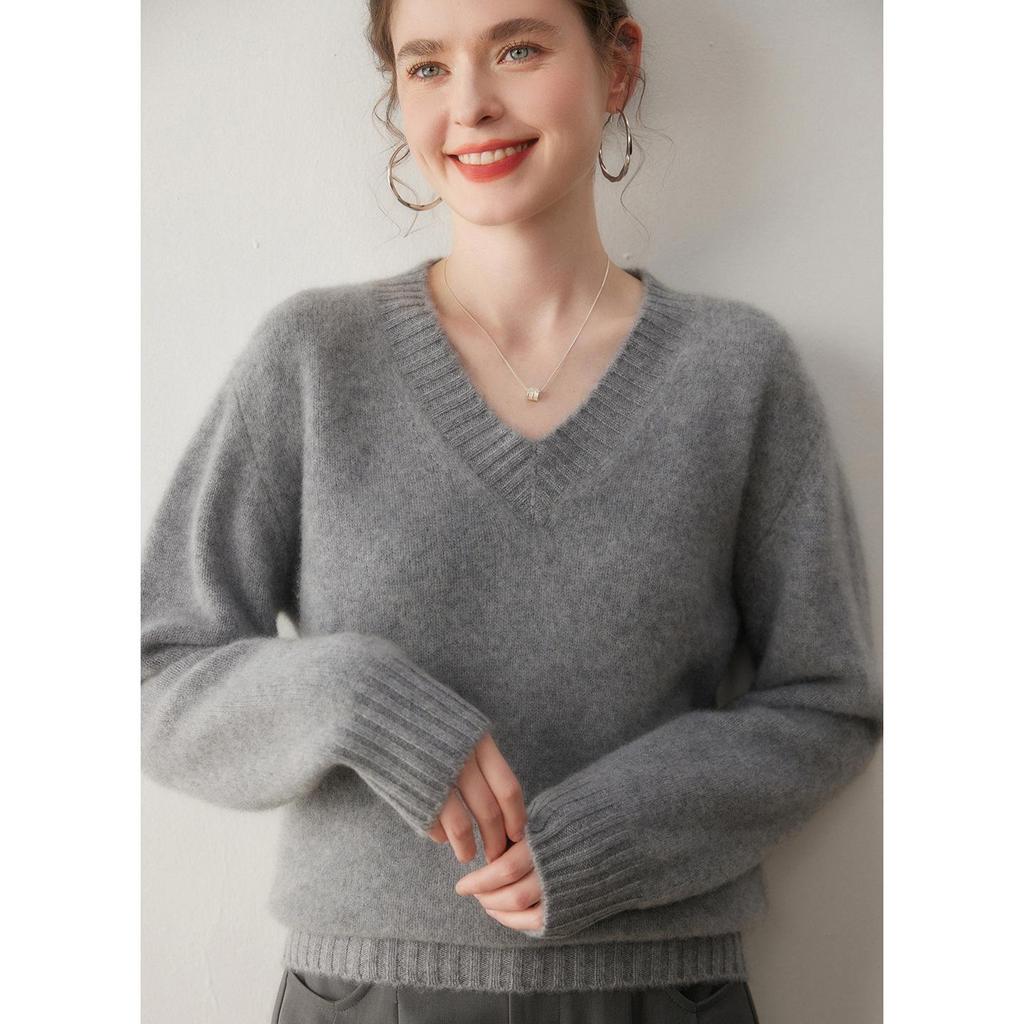 Women's Heavyweight Cashmere V-Neck Sweater - Autumn/Winter Loose Fit Pullover