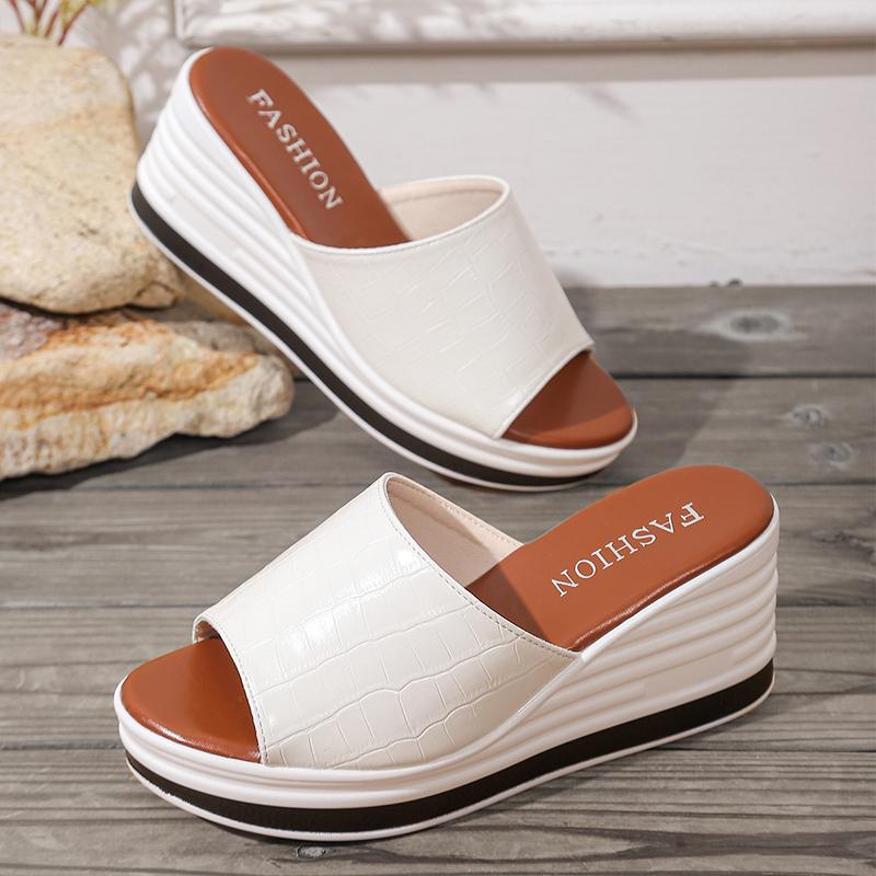 Zapatillas de Cuña de Cuero PU Blanco Mujer Talla Grande Moda Peep Toe Sandalias de Plataforma Mujer Verano 2025 Suela Gruesa Chanclas de Playa