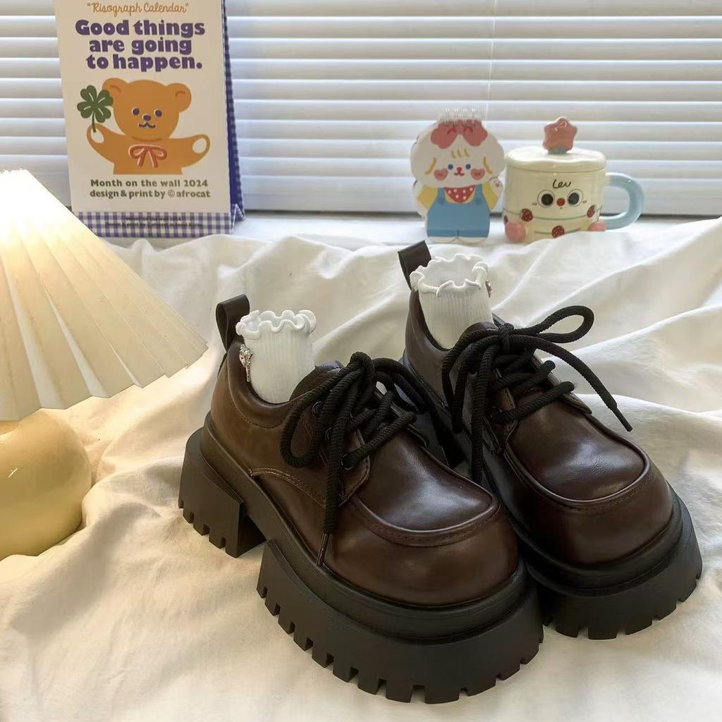 Retro Thick Bottom with Skirt Single Shoes Female Tide with Lace-up Small Leather Shoes Female Spring and Fall Fashion Women Summer Breathable Shoes