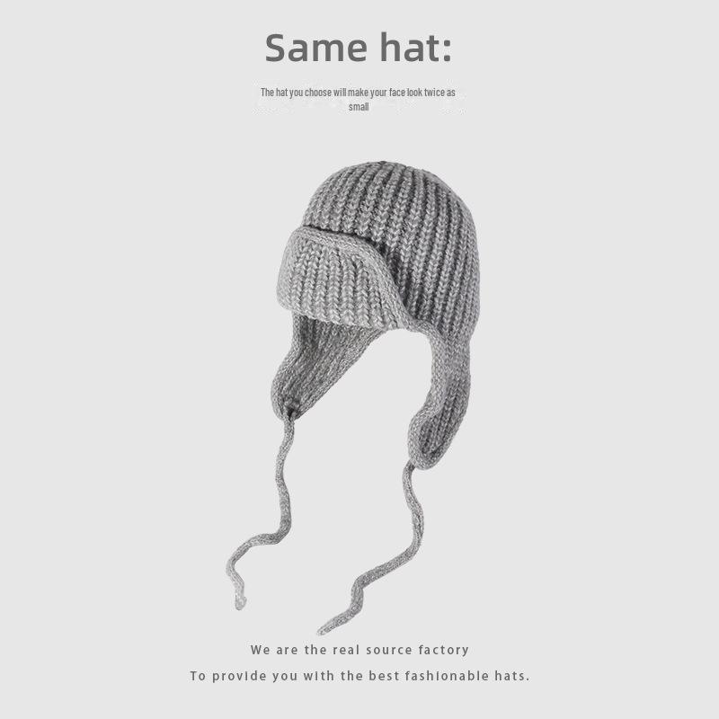 Korean Style Knitted Wool Earmuff Hat: Solid Color, Thickened for Autumn & Winter, with Strap, Unisex.